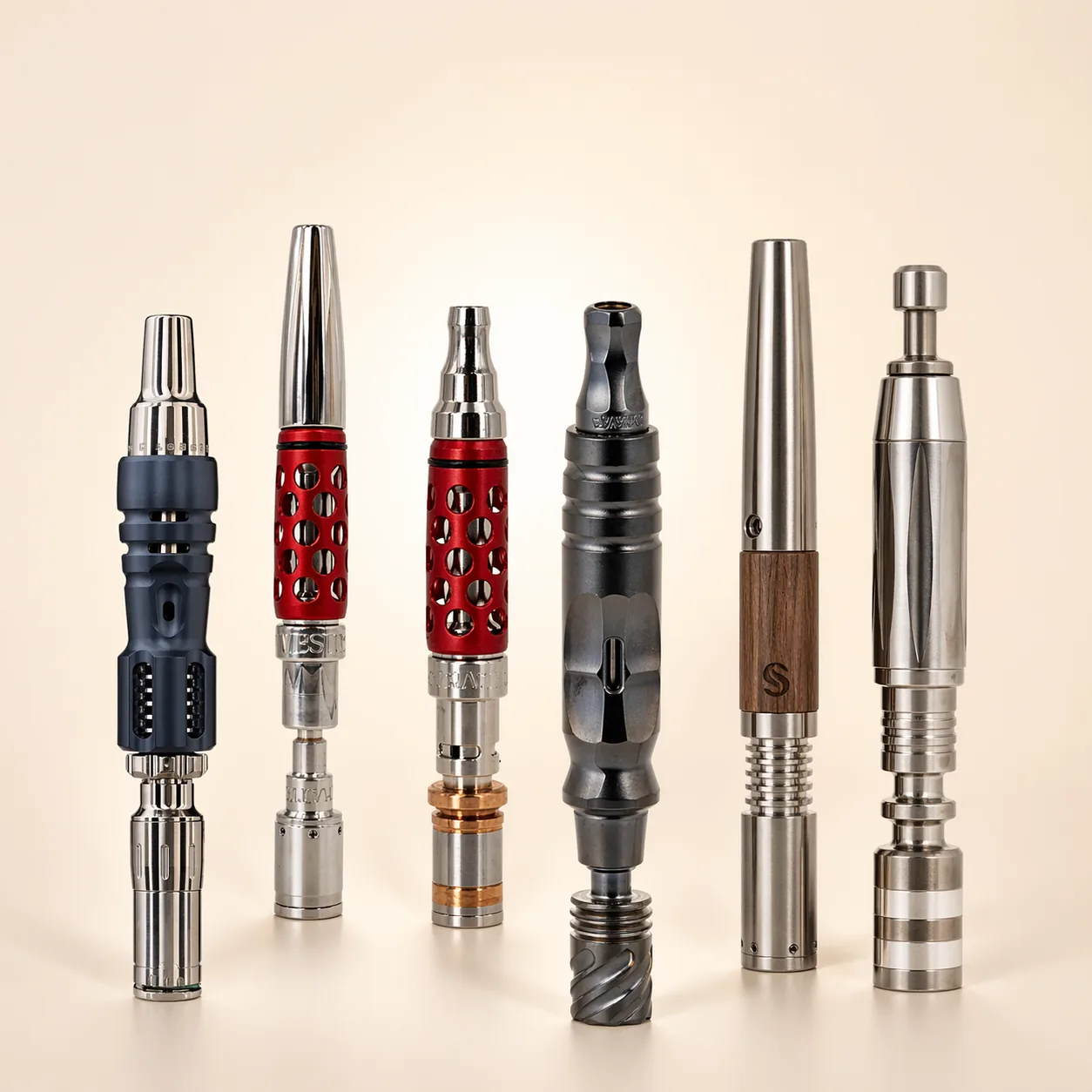 Kuratiertes Test-Setup mit Premium-Vaporizern auf Walnuss-Tablett